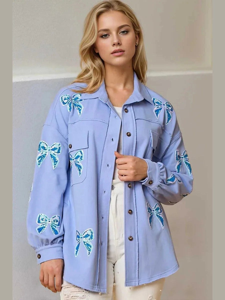 Double Take Full Size Sequin Bow Button Up Shacket -- 