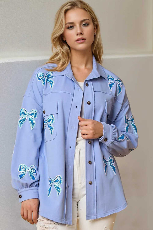 Double Take Full Size Sequin Bow Button Up Shacket - Hopeford Streams