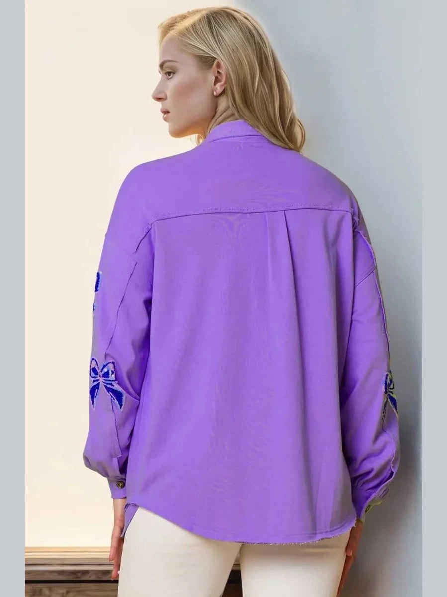 Double Take Full Size Sequin Bow Button Up Shacket -- 