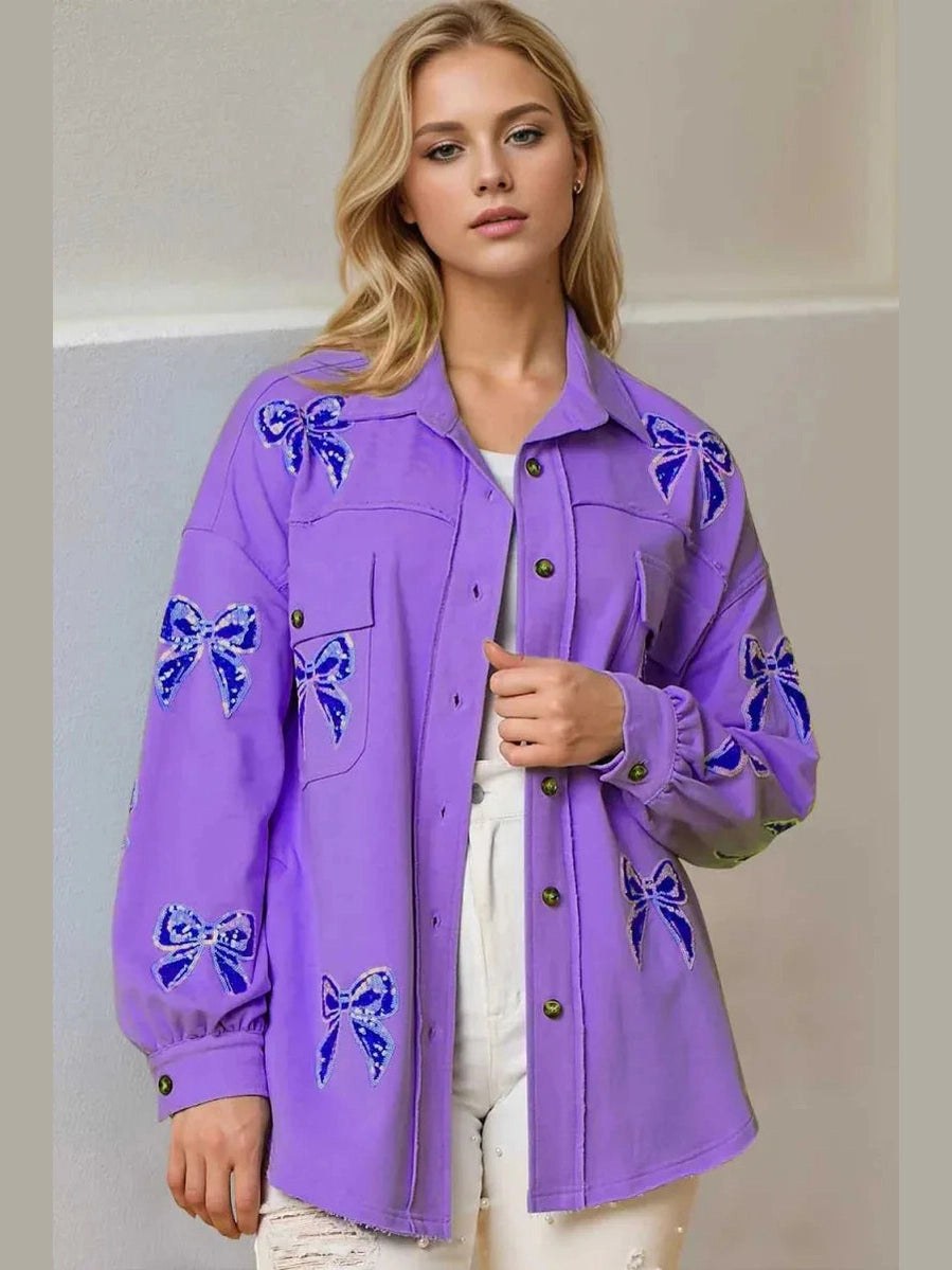 Double Take Full Size Sequin Bow Button Up Shacket -- 
