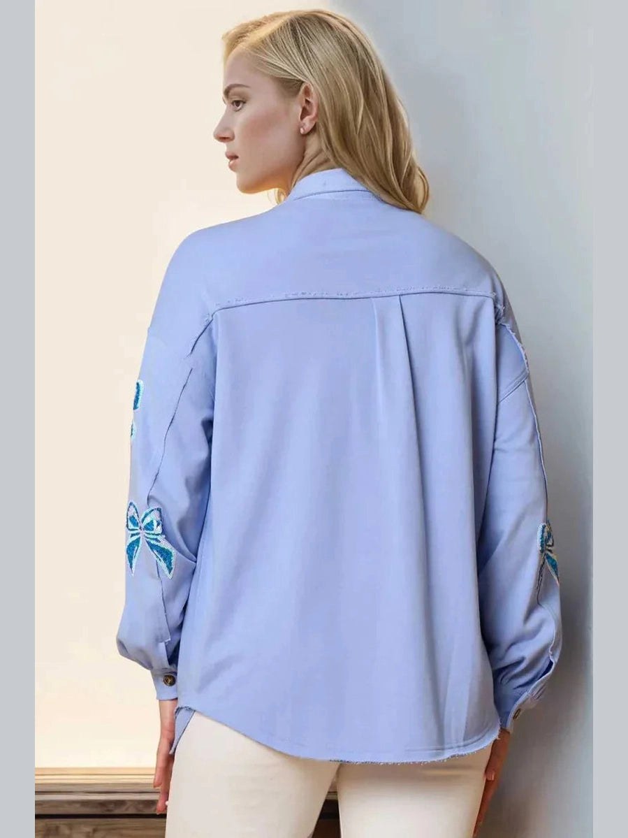 Double Take Full Size Sequin Bow Button Up Shacket -- 