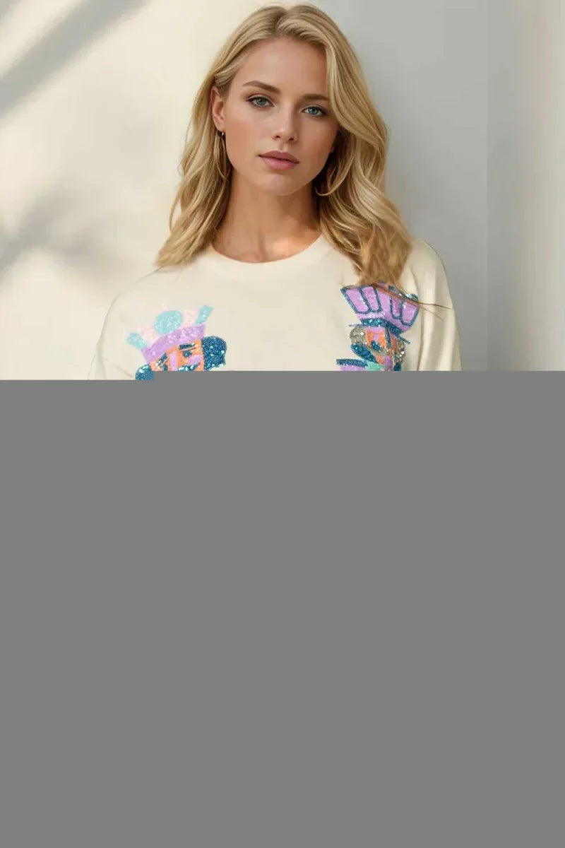 Double Take Full Size Sequin Nutcracker Long Sleeve Sweater -- 