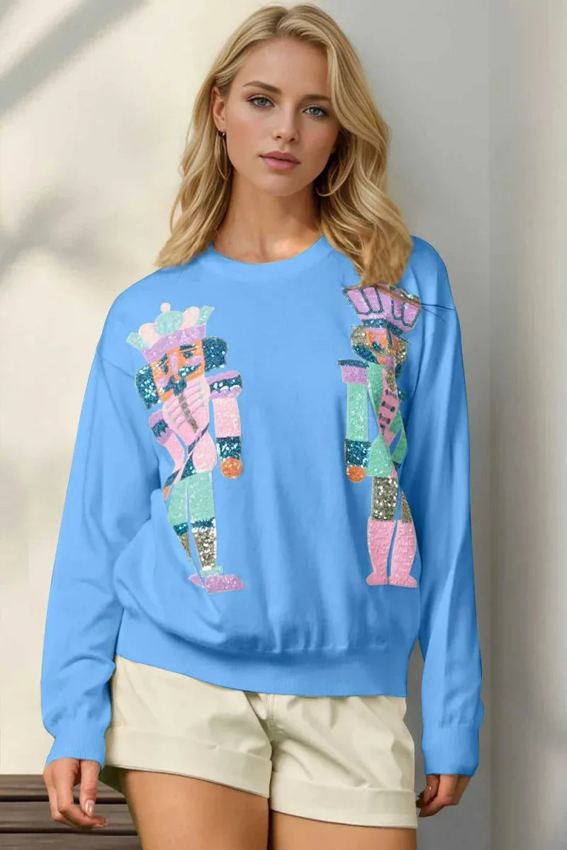 Double Take Full Size Sequin Nutcracker Long Sleeve Sweater -- 