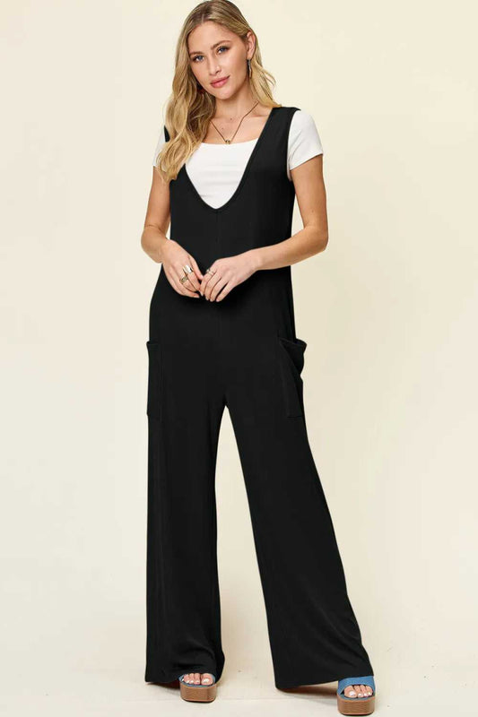 Double Take Full Size Sleeveless Wide Leg Jumpsuit with Pockets - Hopeford Streams