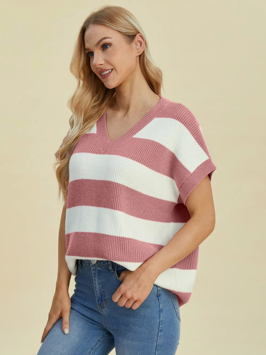 Double Take Full Size Striped V - Neck Short Sleeve Sweater - Hopeford Streams