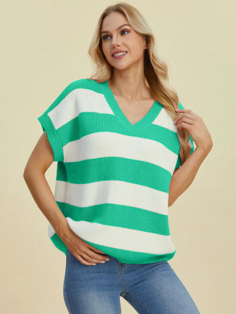 Double Take Full Size Striped V - Neck Short Sleeve Sweater - Hopeford Streams