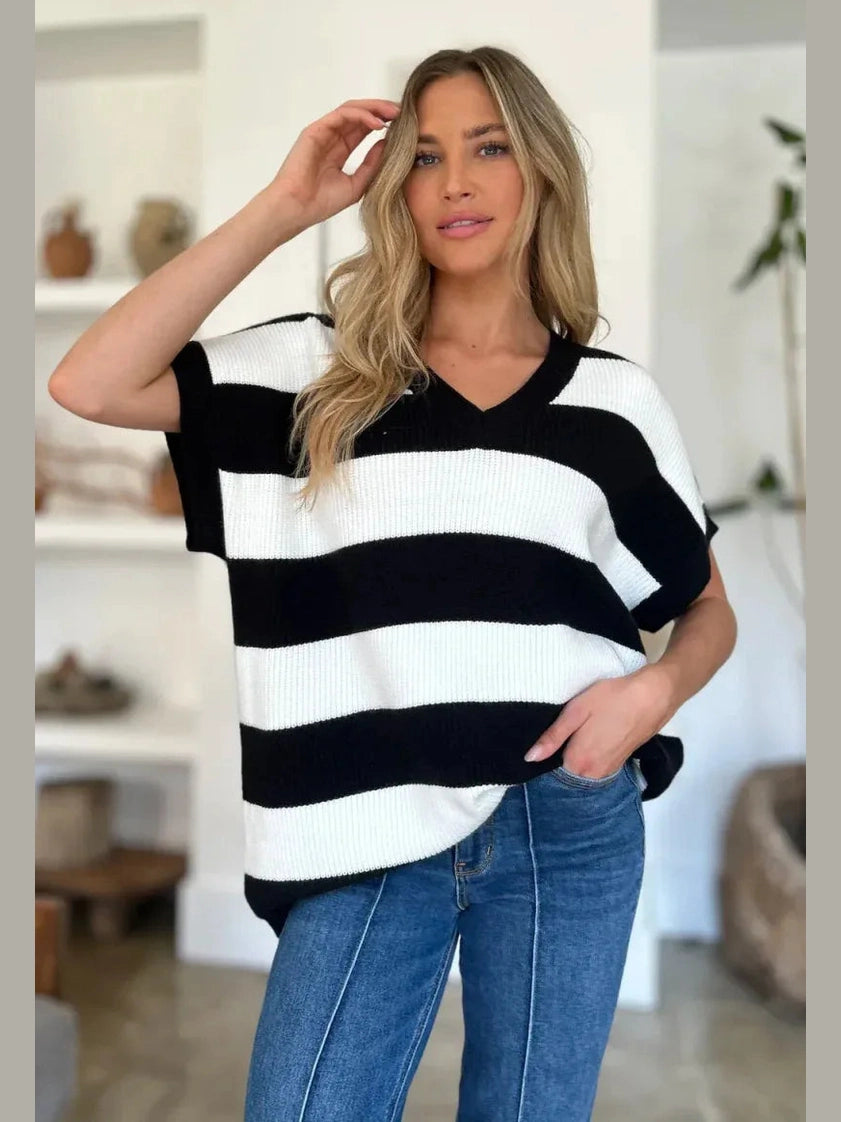 Double Take Full Size Striped V-Neck Short Sleeve Sweater -- 