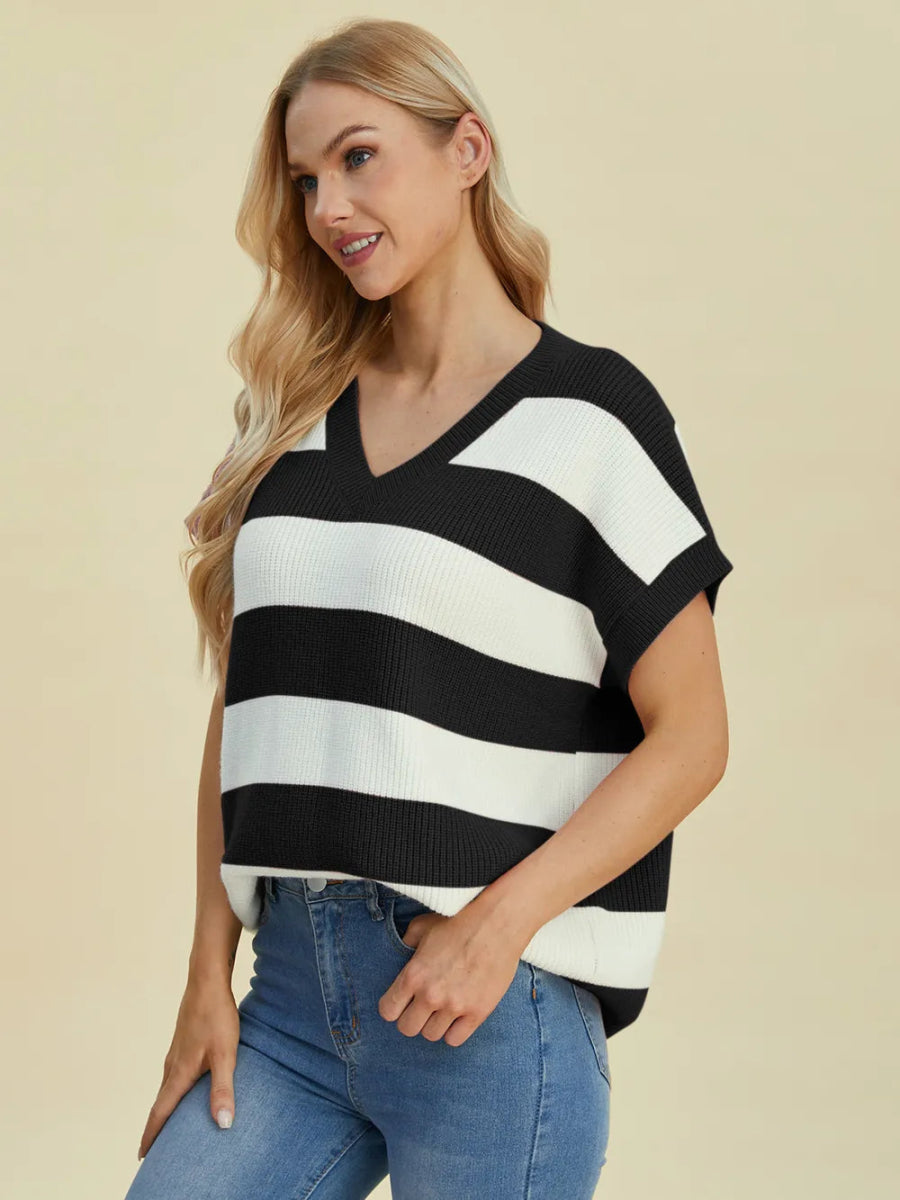 Double Take Full Size Striped V - Neck Short Sleeve Sweater - Hopeford Streams