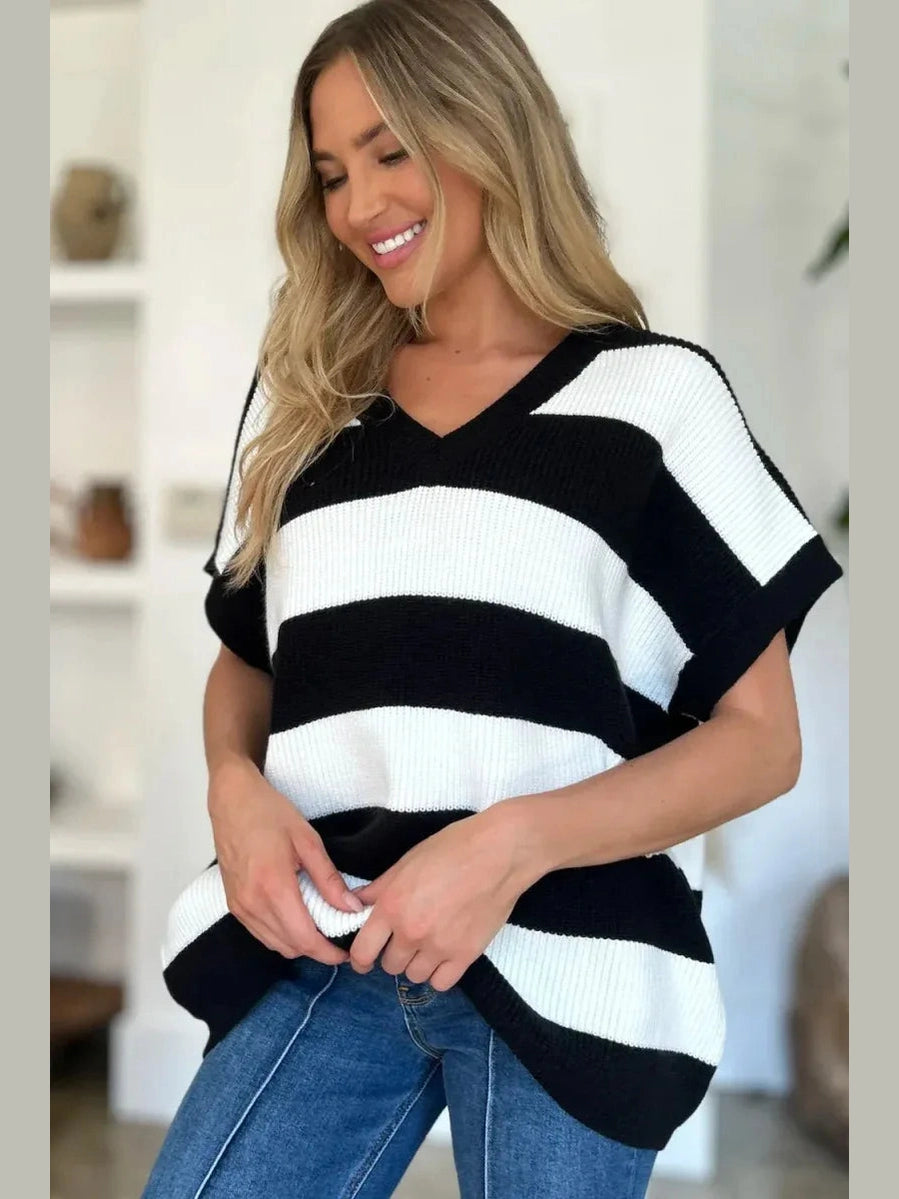 Double Take Full Size Striped V-Neck Short Sleeve Sweater -- 