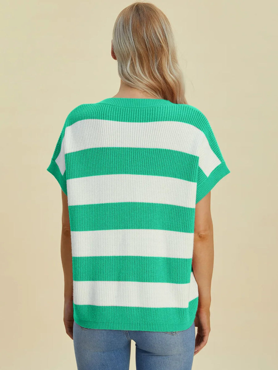 Double Take Full Size Striped V - Neck Short Sleeve Sweater - Hopeford Streams