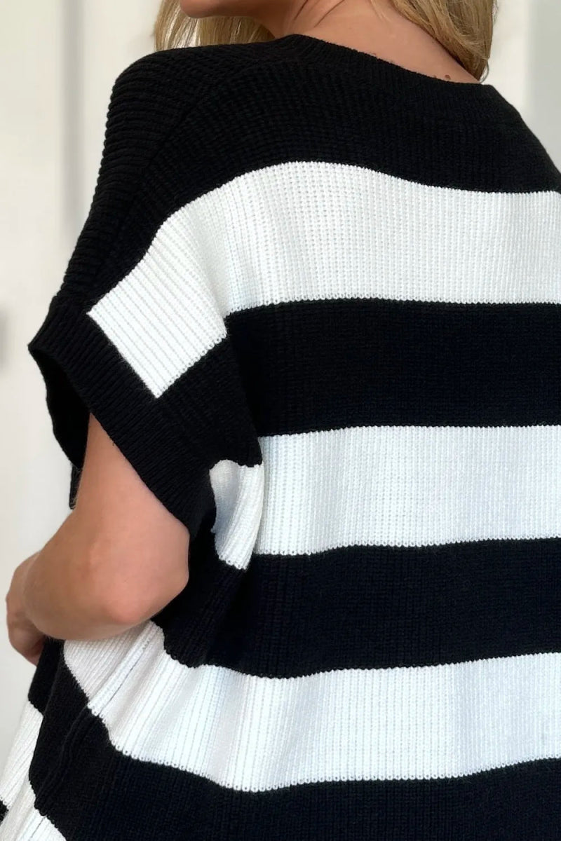 Double Take Full Size Striped V - Neck Short Sleeve Sweater - Hopeford Streams