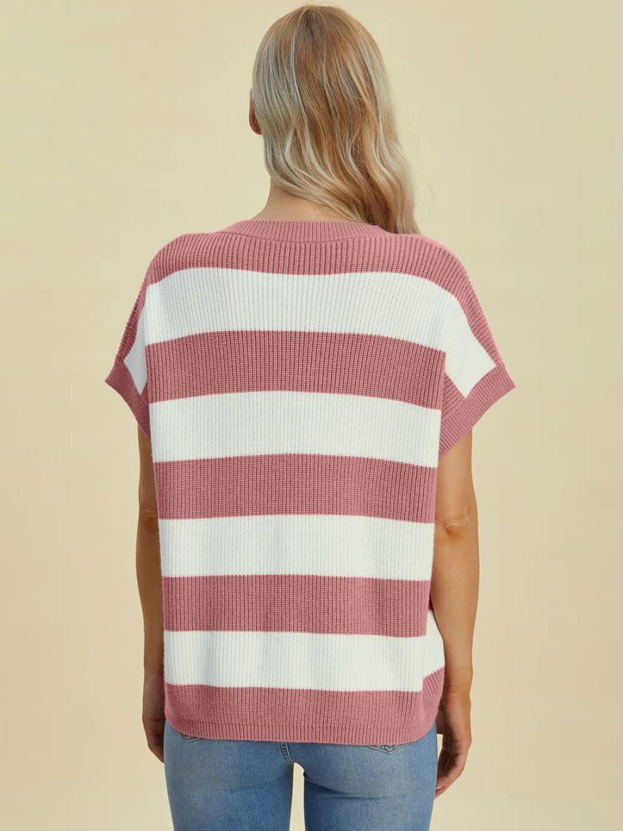 Double Take Full Size Striped V - Neck Short Sleeve Sweater - Hopeford Streams
