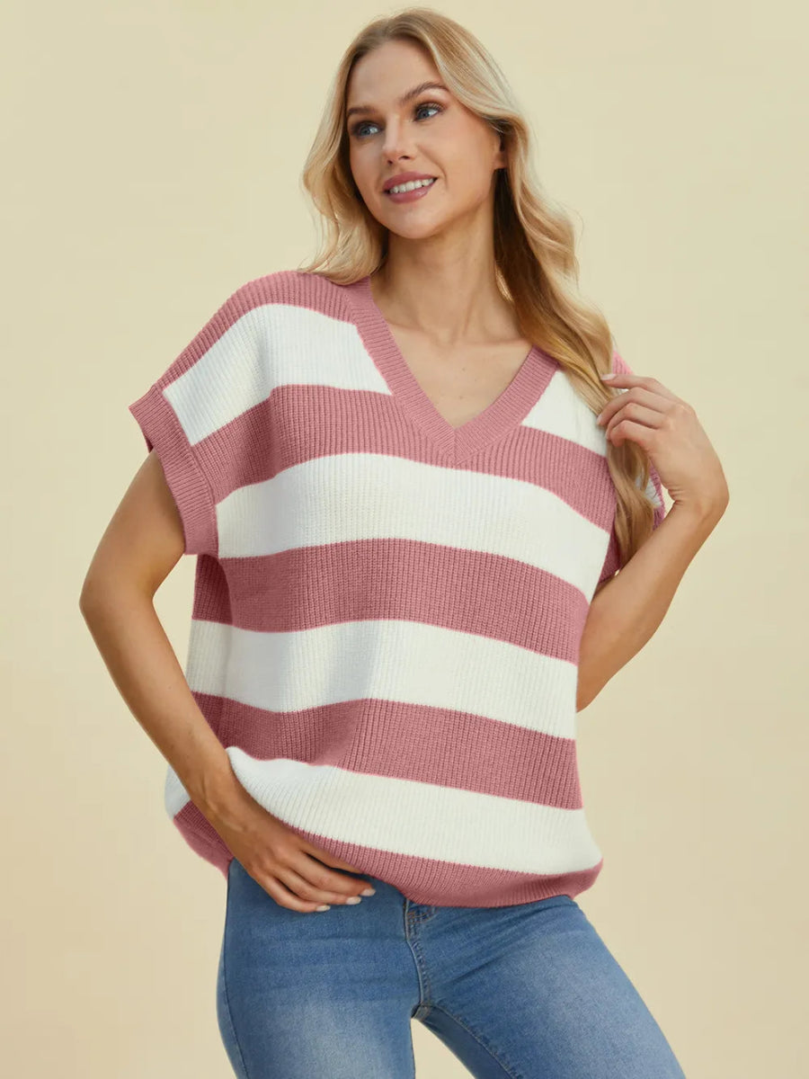 Double Take Full Size Striped V - Neck Short Sleeve Sweater - Hopeford Streams