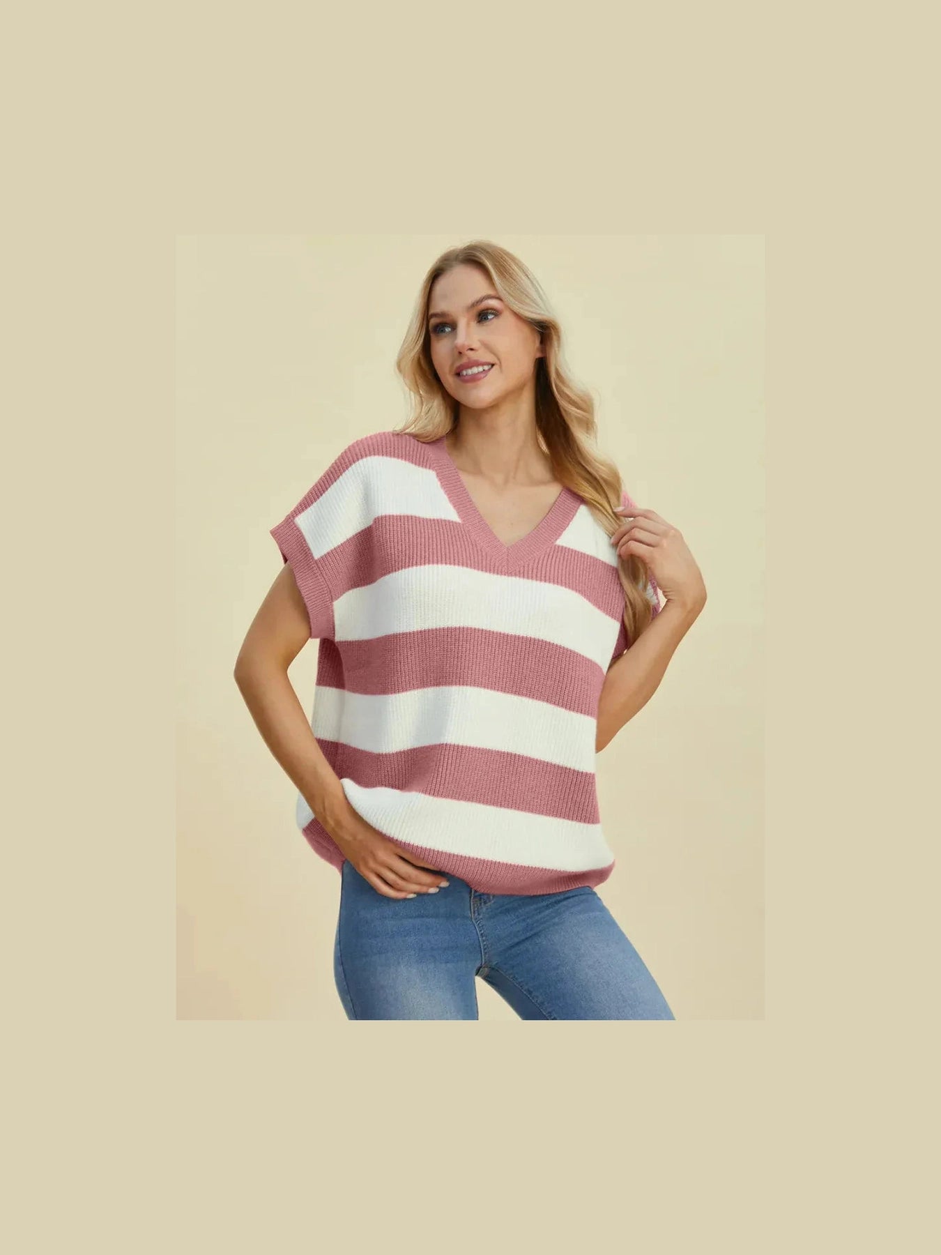 Double Take Full Size Striped V-Neck Short Sleeve Sweater -- 