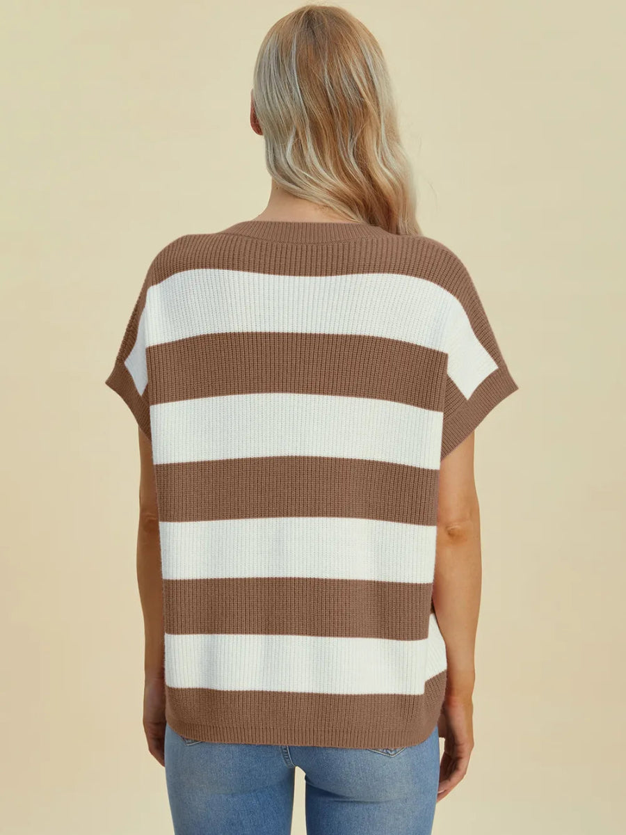 Double Take Full Size Striped V - Neck Short Sleeve Sweater - Hopeford Streams