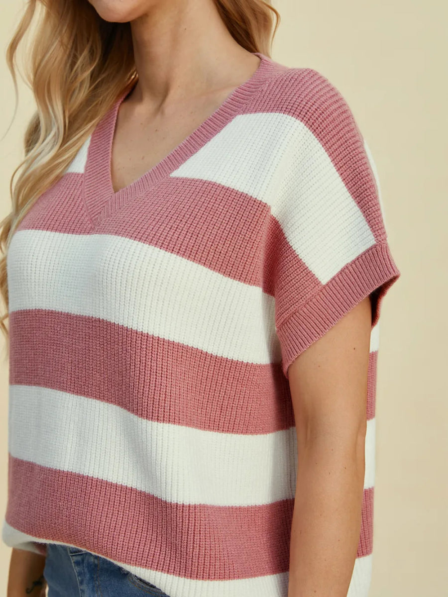 Double Take Full Size Striped V - Neck Short Sleeve Sweater - Hopeford Streams