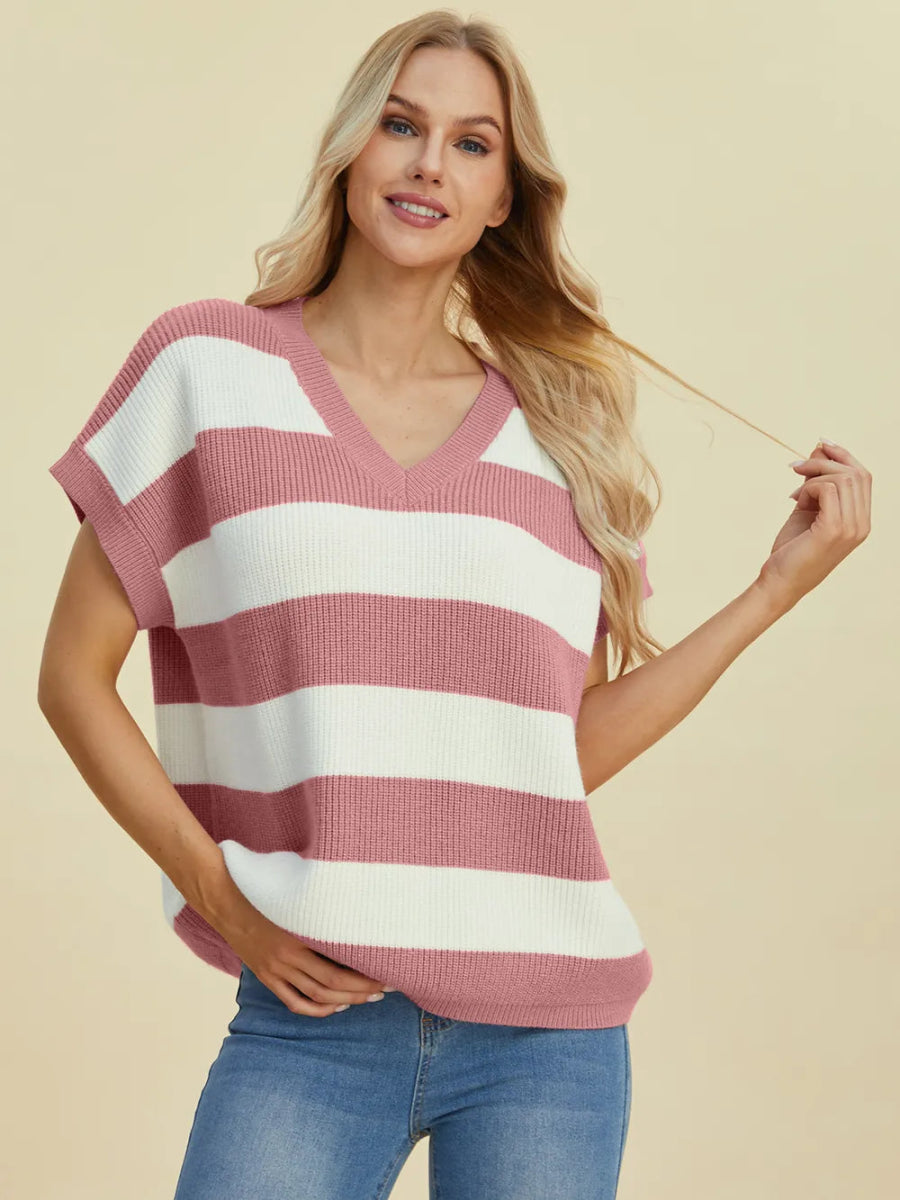 Double Take Full Size Striped V - Neck Short Sleeve Sweater - Hopeford Streams