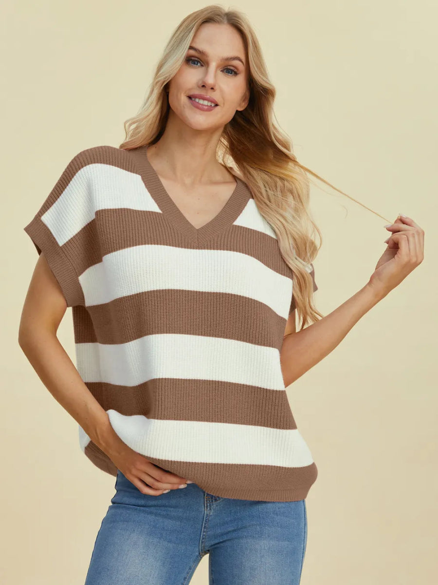 Double Take Full Size Striped V - Neck Short Sleeve Sweater - Hopeford Streams