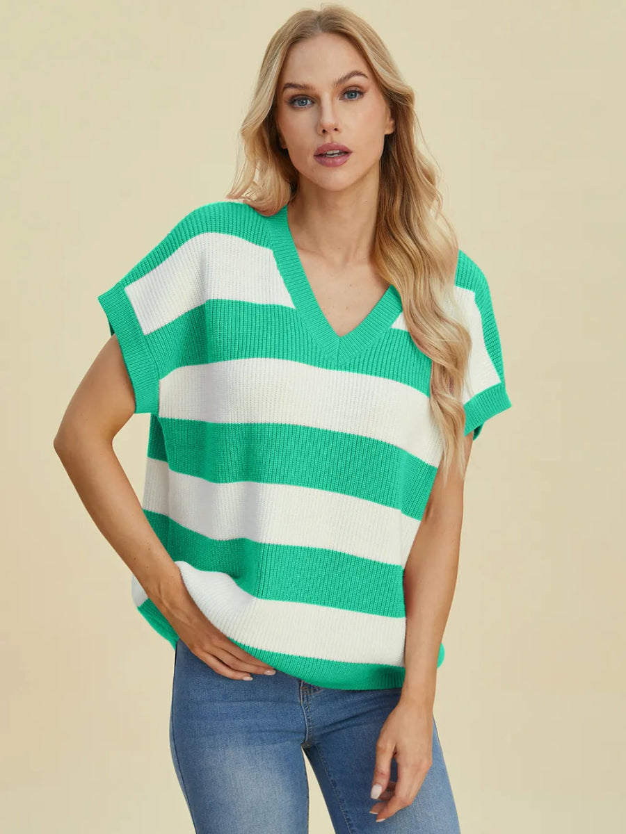 Double Take Full Size Striped V - Neck Short Sleeve Sweater - Hopeford Streams