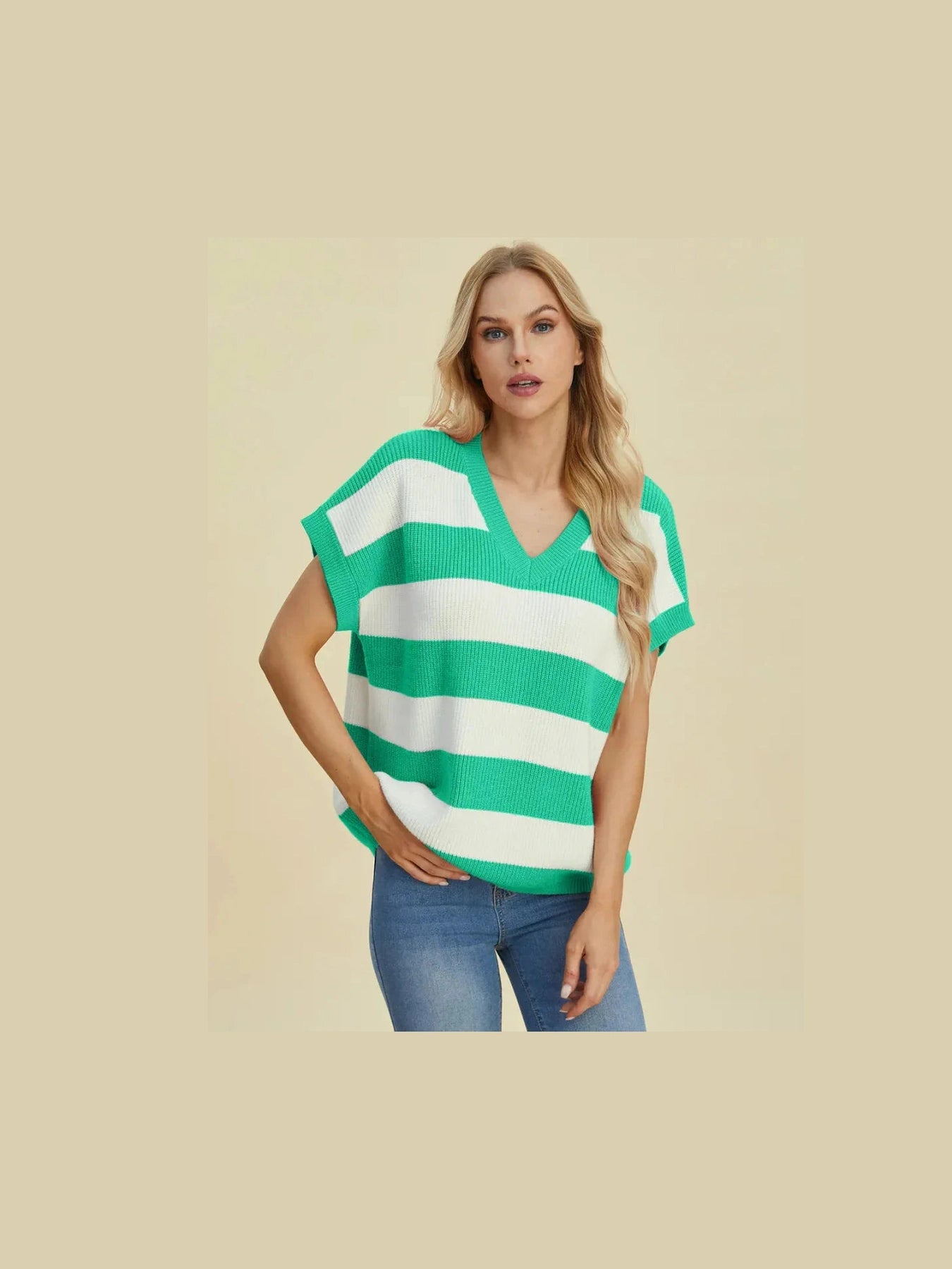 Double Take Full Size Striped V-Neck Short Sleeve Sweater -- 