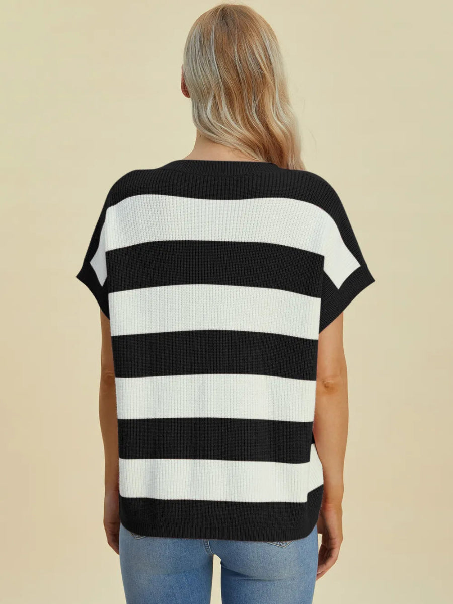 Double Take Full Size Striped V - Neck Short Sleeve Sweater - Hopeford Streams