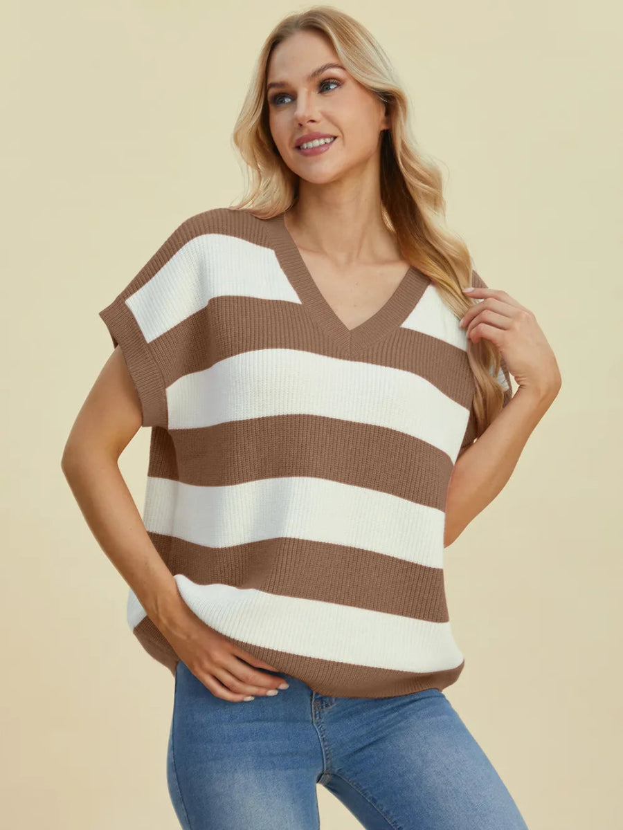Double Take Full Size Striped V - Neck Short Sleeve Sweater - Hopeford Streams