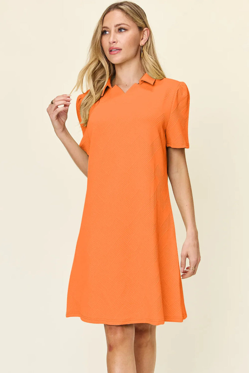 Double Take Full Size Texture Collared Neck Short Sleeve Dress - Hopeford Streams