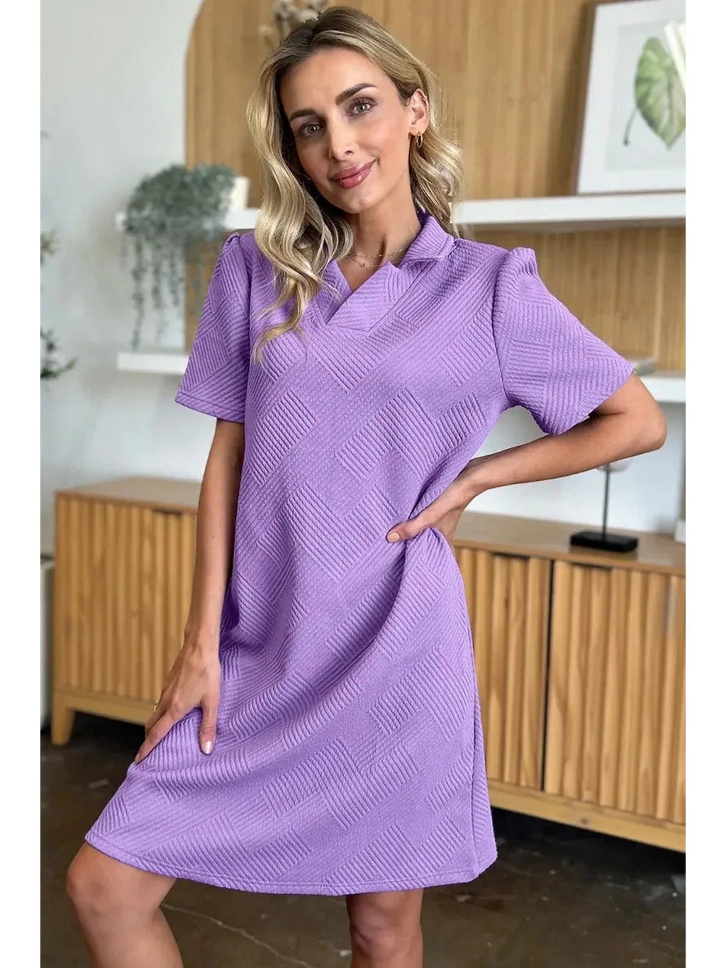 Double Take Full Size Texture Collared Neck Short Sleeve Dress -- 