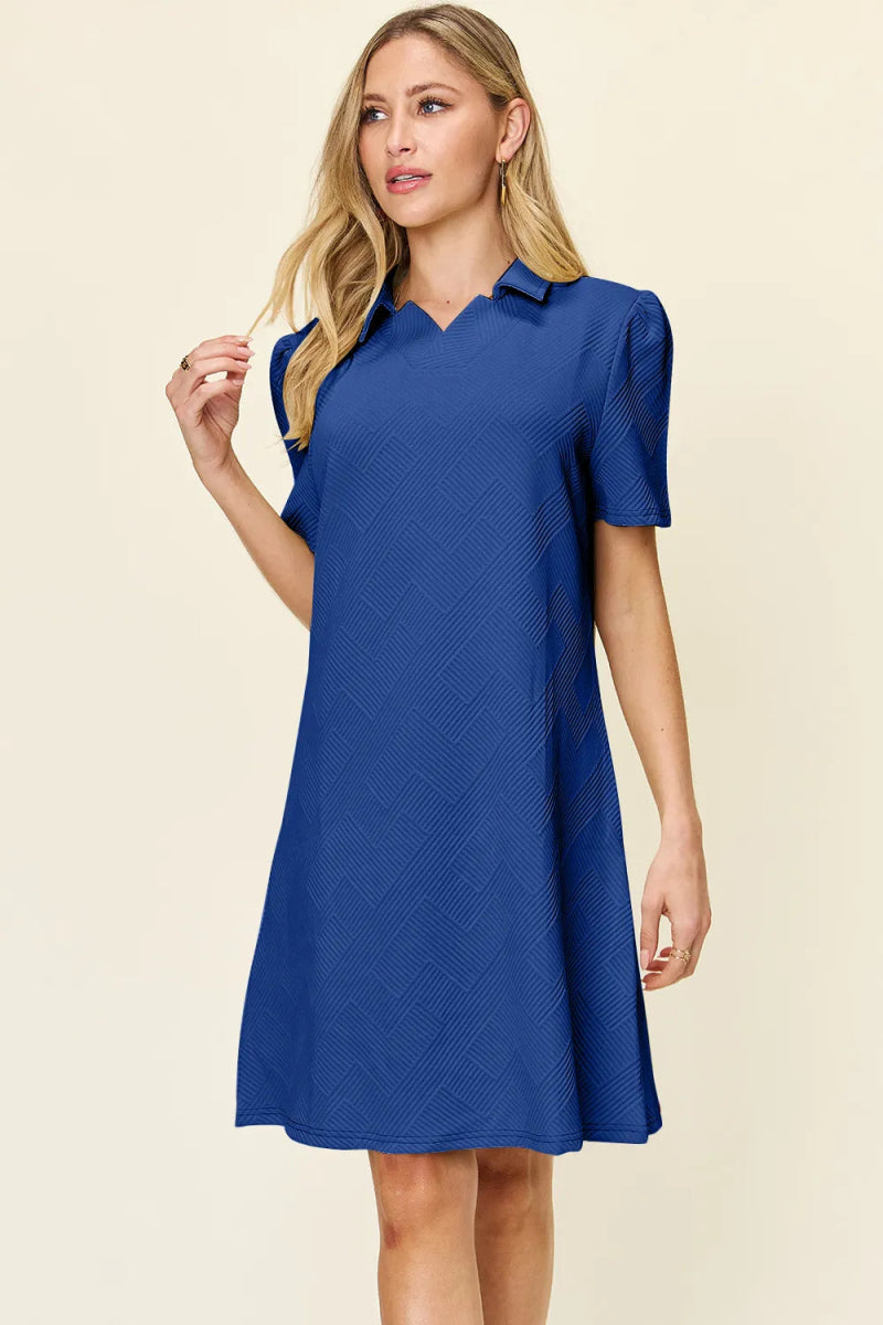 Double Take Full Size Texture Collared Neck Short Sleeve Dress - Hopeford Streams