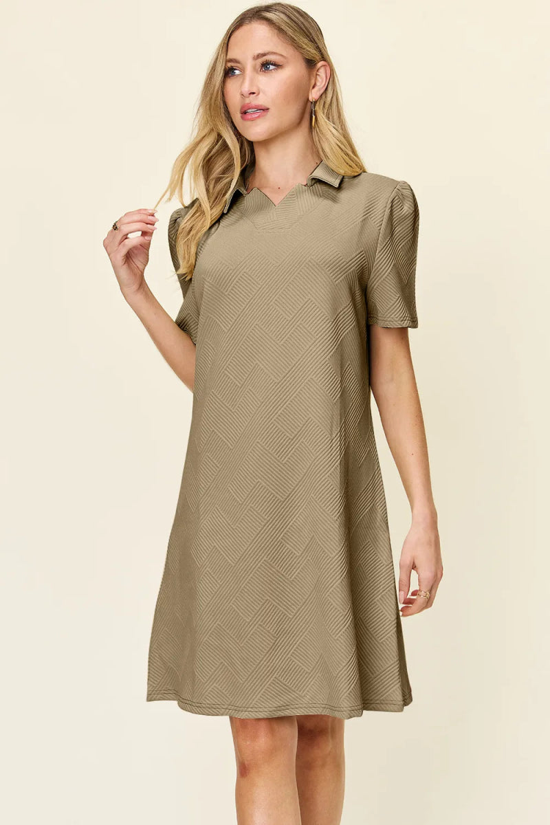 Double Take Full Size Texture Collared Neck Short Sleeve Dress - Hopeford Streams