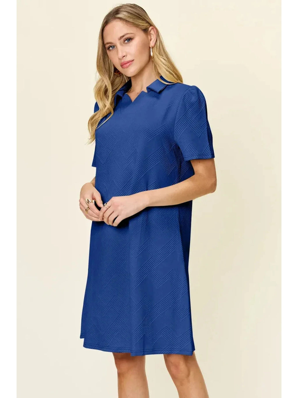 Double Take Full Size Texture Collared Neck Short Sleeve Dress -- 