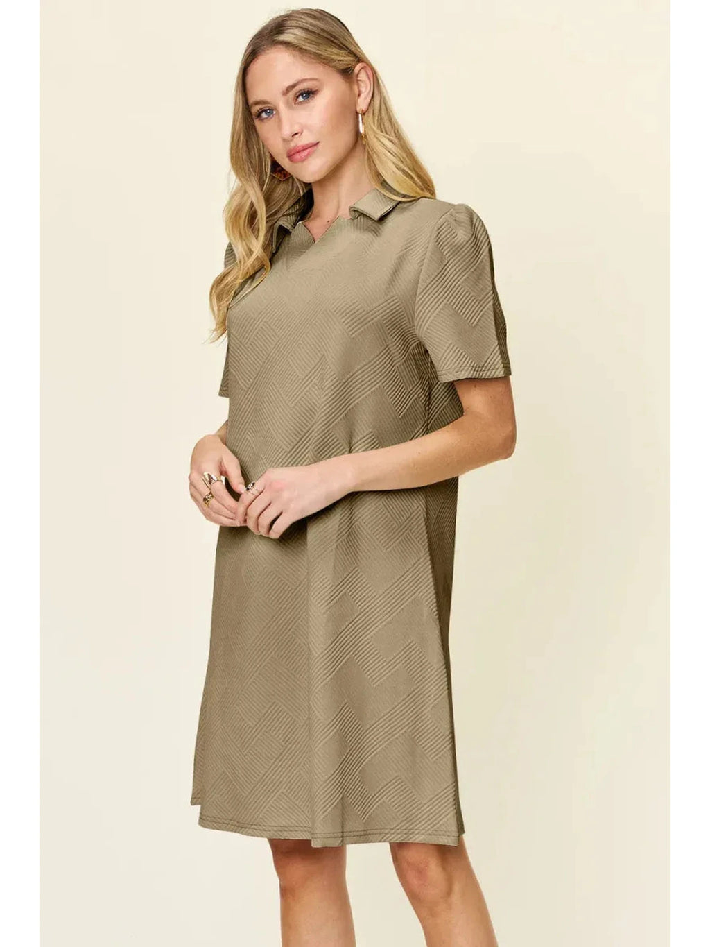 Double Take Full Size Texture Collared Neck Short Sleeve Dress -- 