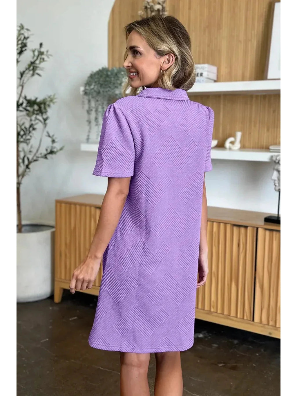 Double Take Full Size Texture Collared Neck Short Sleeve Dress -- 