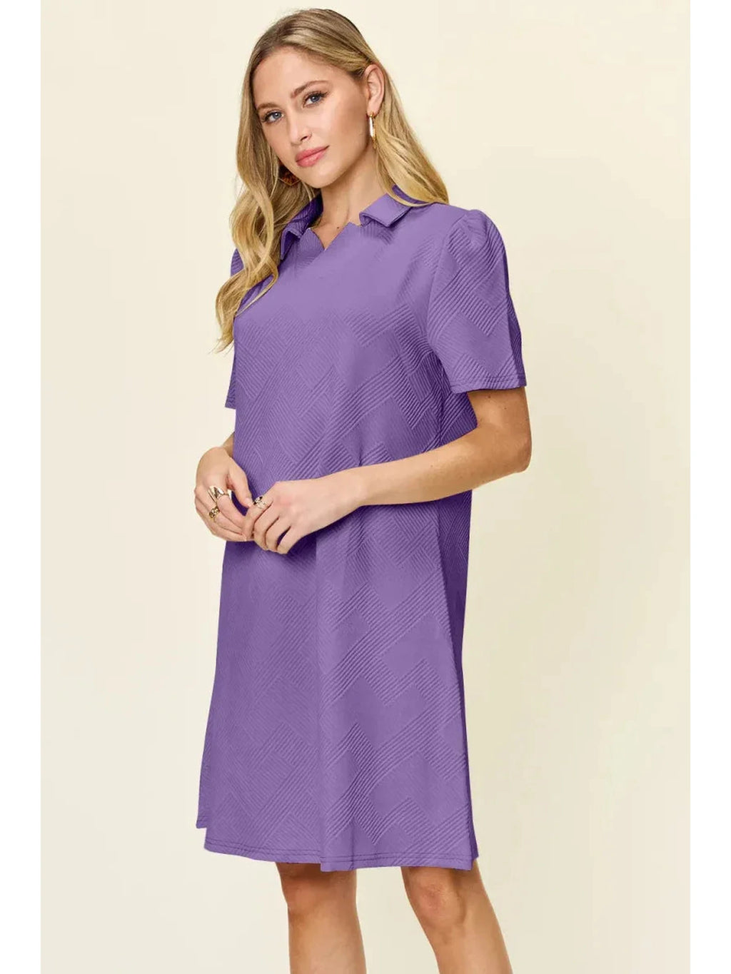 Double Take Full Size Texture Collared Neck Short Sleeve Dress -- 