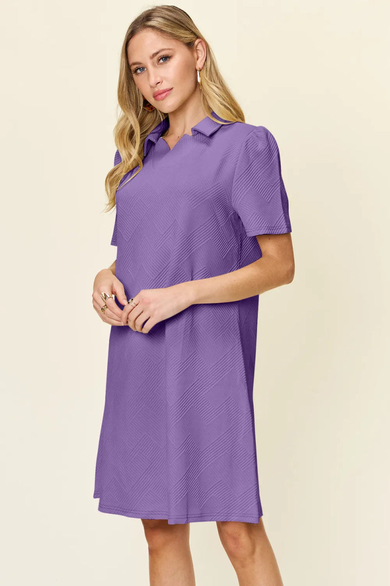 Double Take Full Size Texture Collared Neck Short Sleeve Dress - Hopeford Streams