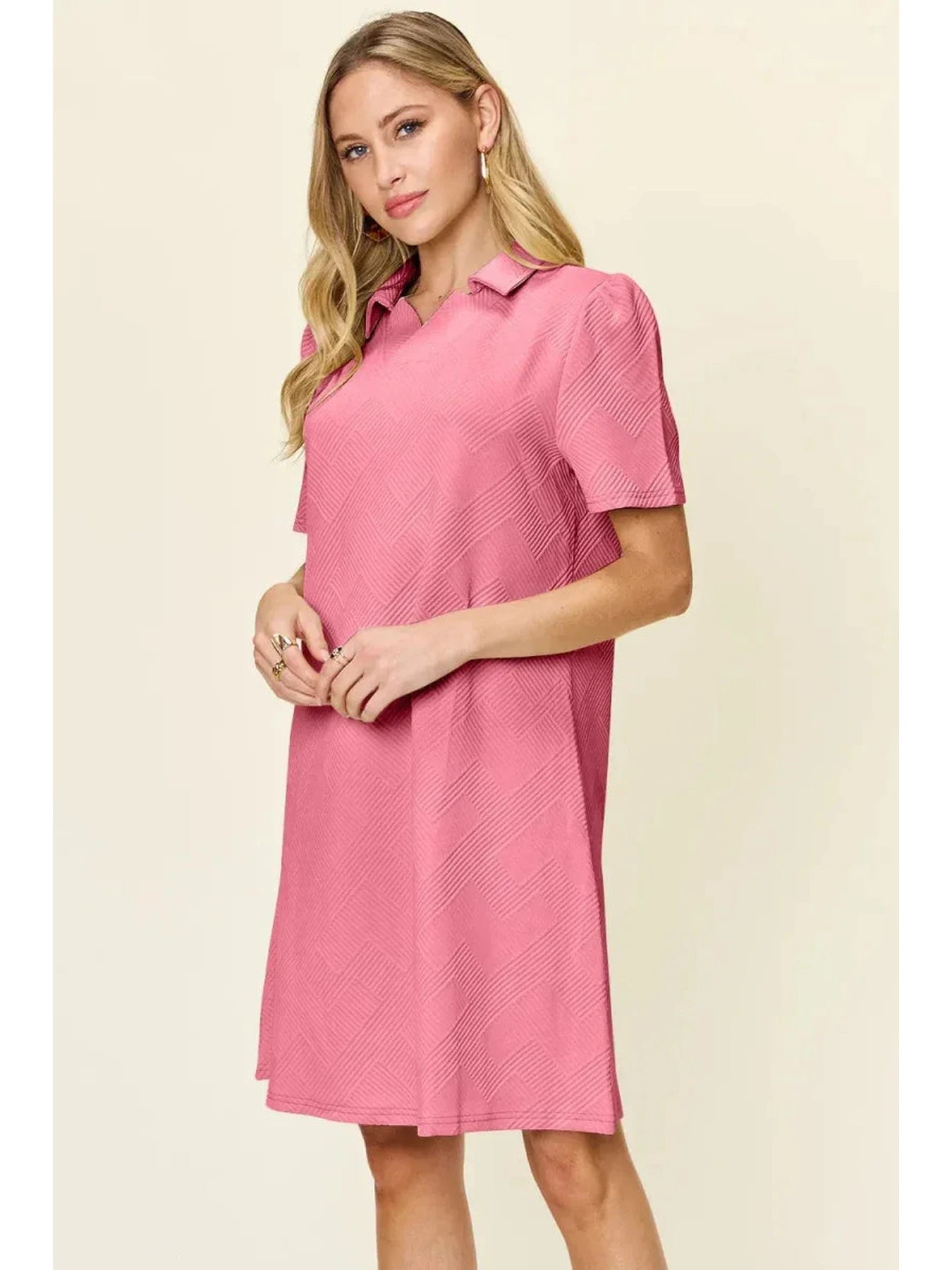 Double Take Full Size Texture Collared Neck Short Sleeve Dress -- 
