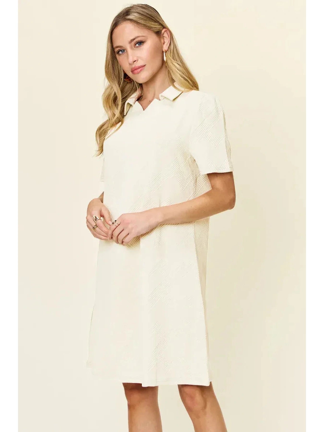 Double Take Full Size Texture Collared Neck Short Sleeve Dress -- 