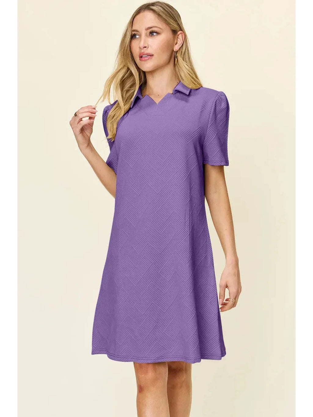 Double Take Full Size Texture Collared Neck Short Sleeve Dress -- 