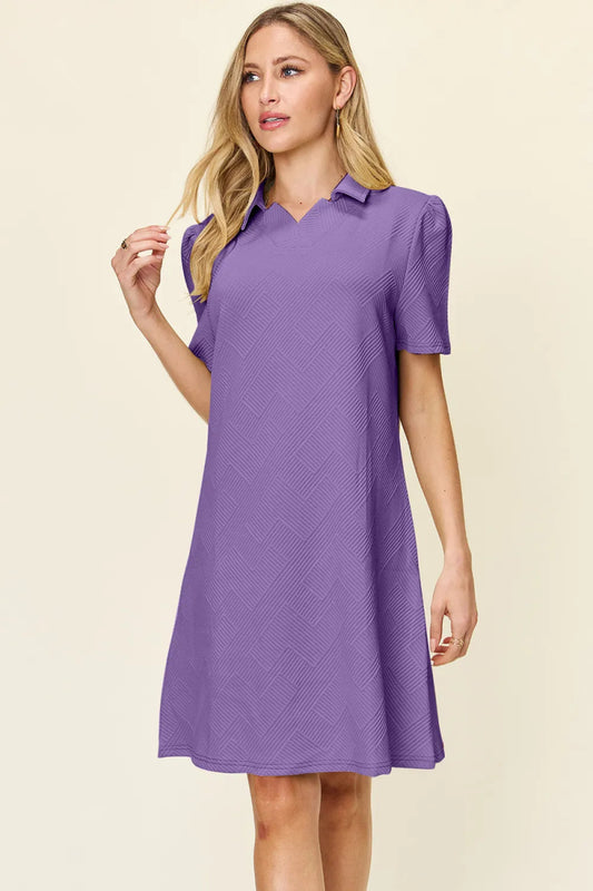 Double Take Full Size Texture Collared Neck Short Sleeve Dress - Hopeford Streams