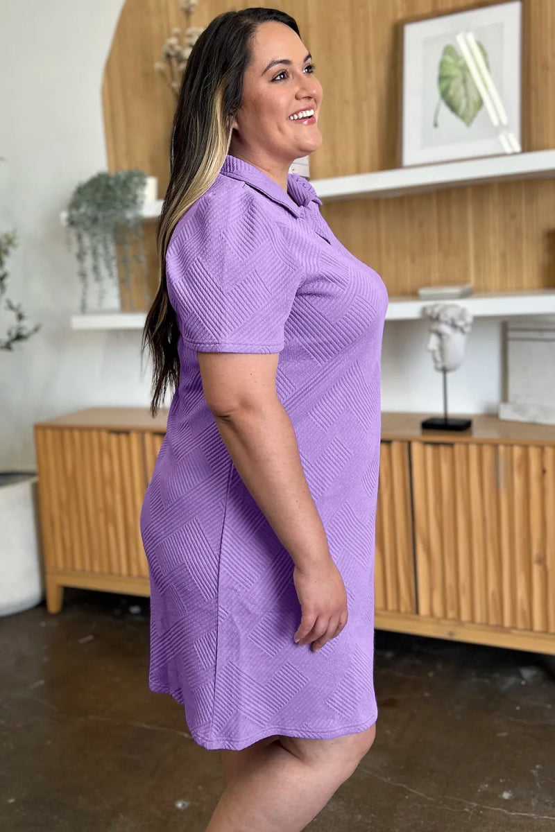 Double Take Full Size Texture Collared Neck Short Sleeve Dress - Hopeford Streams