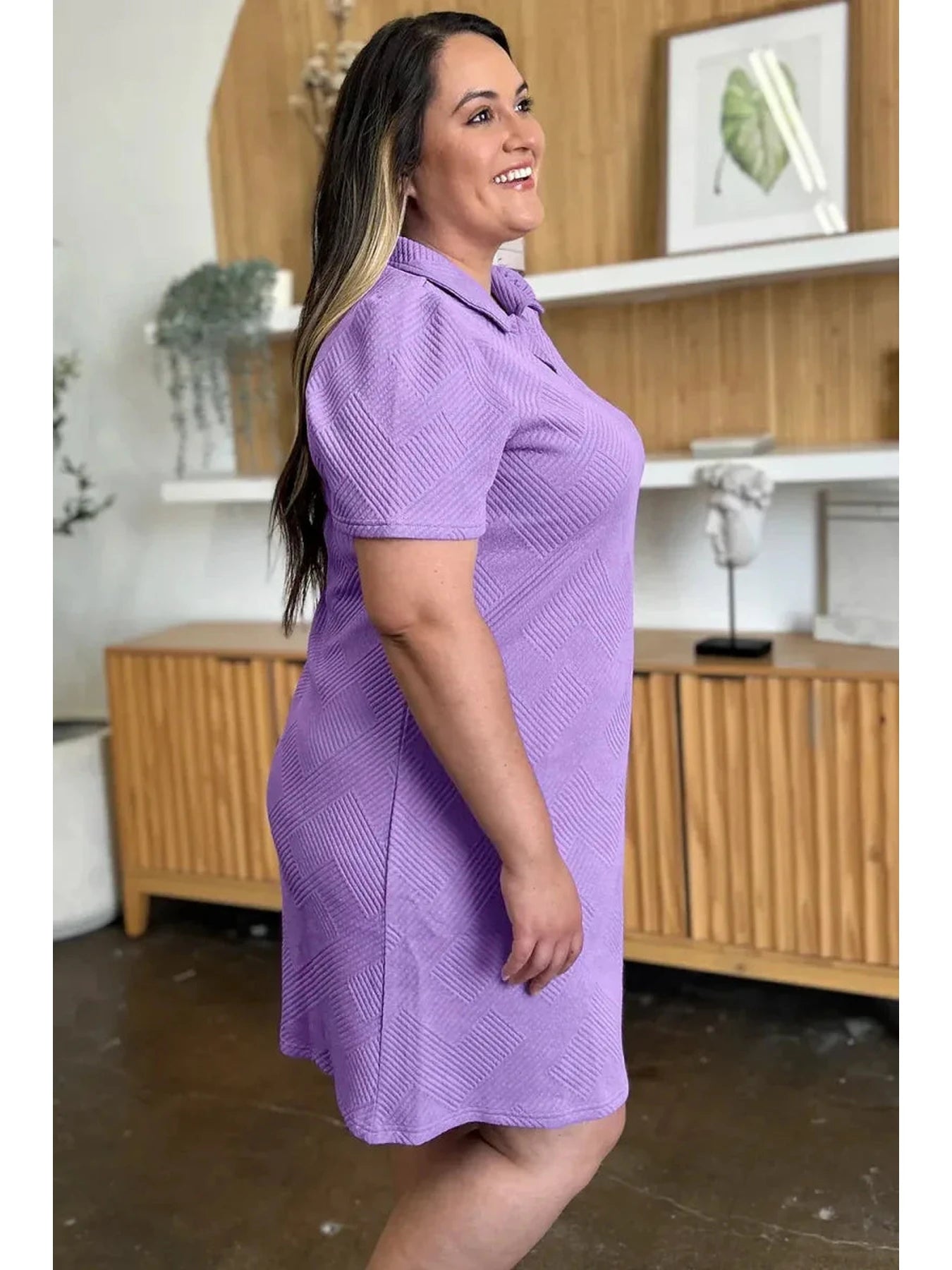 Double Take Full Size Texture Collared Neck Short Sleeve Dress -- 