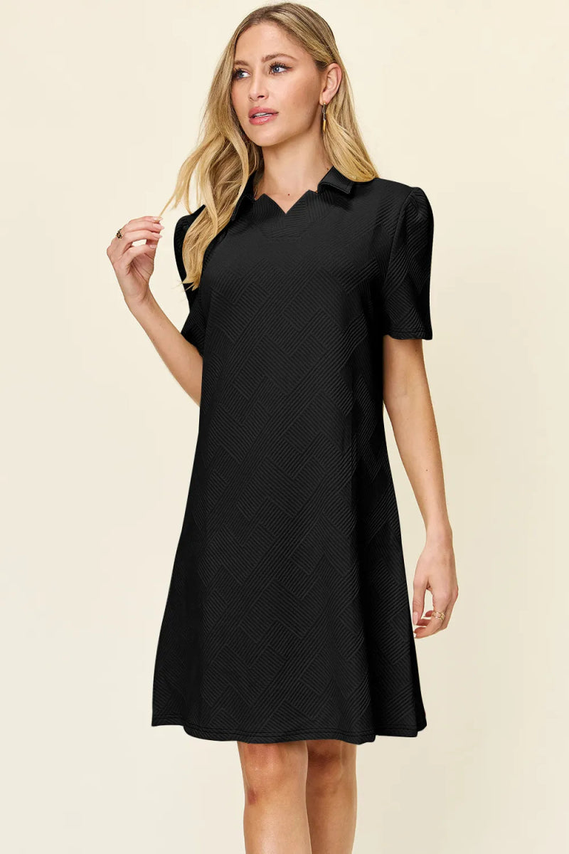 Double Take Full Size Texture Collared Neck Short Sleeve Dress - Hopeford Streams