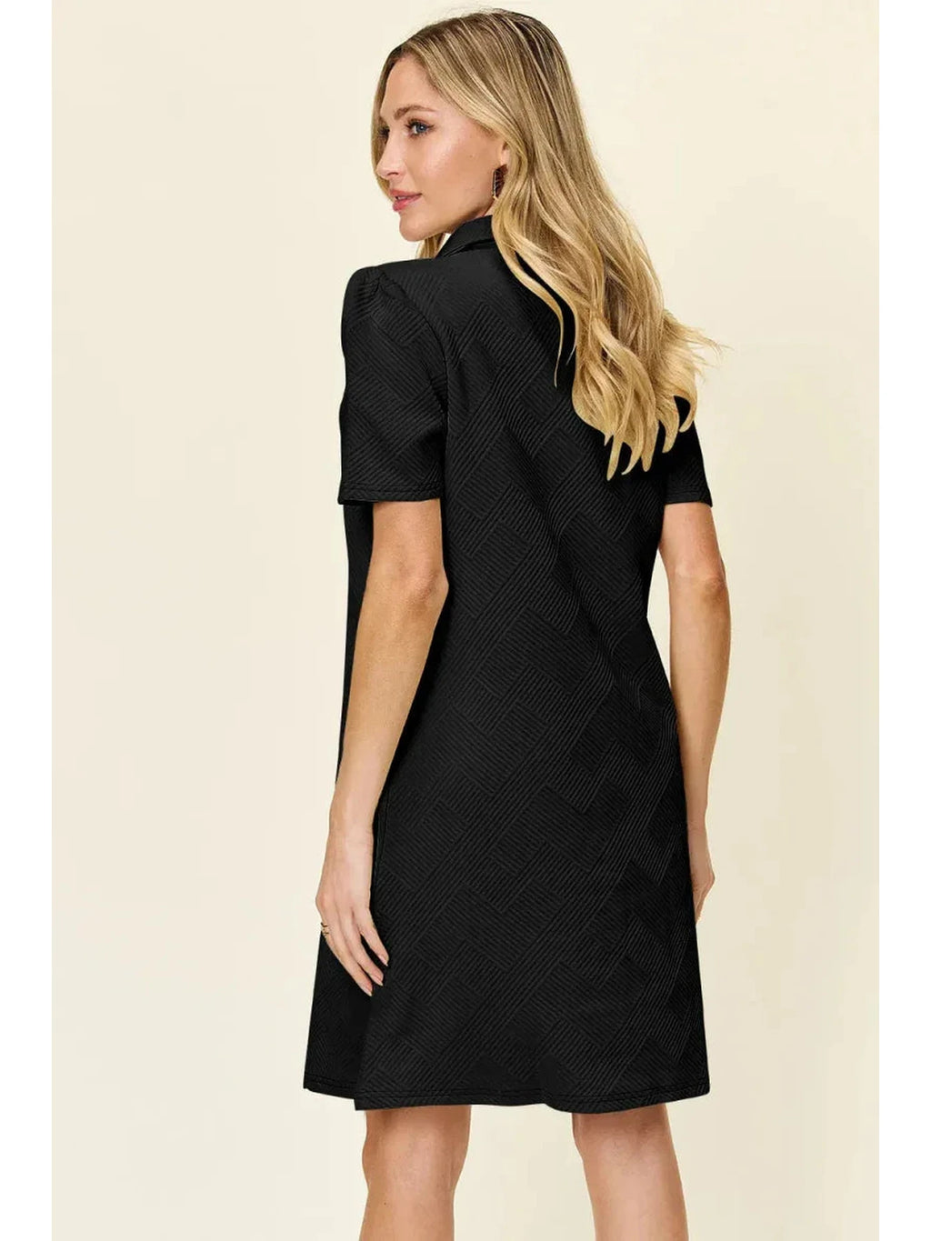 Double Take Full Size Texture Collared Neck Short Sleeve Dress -- 