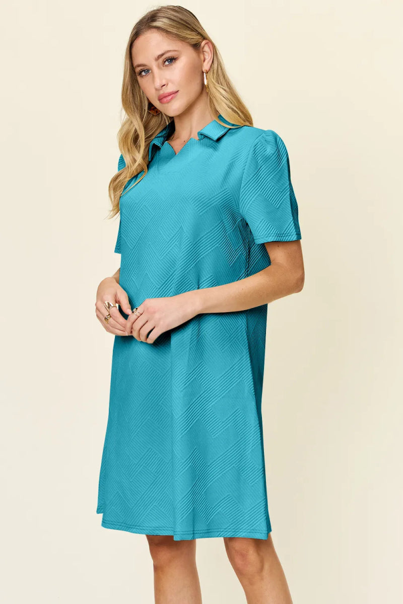 Double Take Full Size Texture Collared Neck Short Sleeve Dress - Hopeford Streams