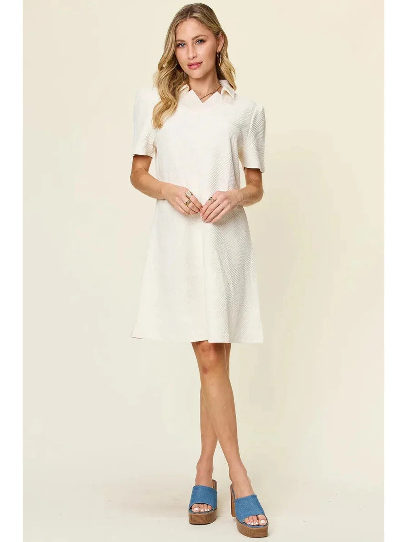 Double Take Full Size Texture Collared Neck Short Sleeve Dress -- 