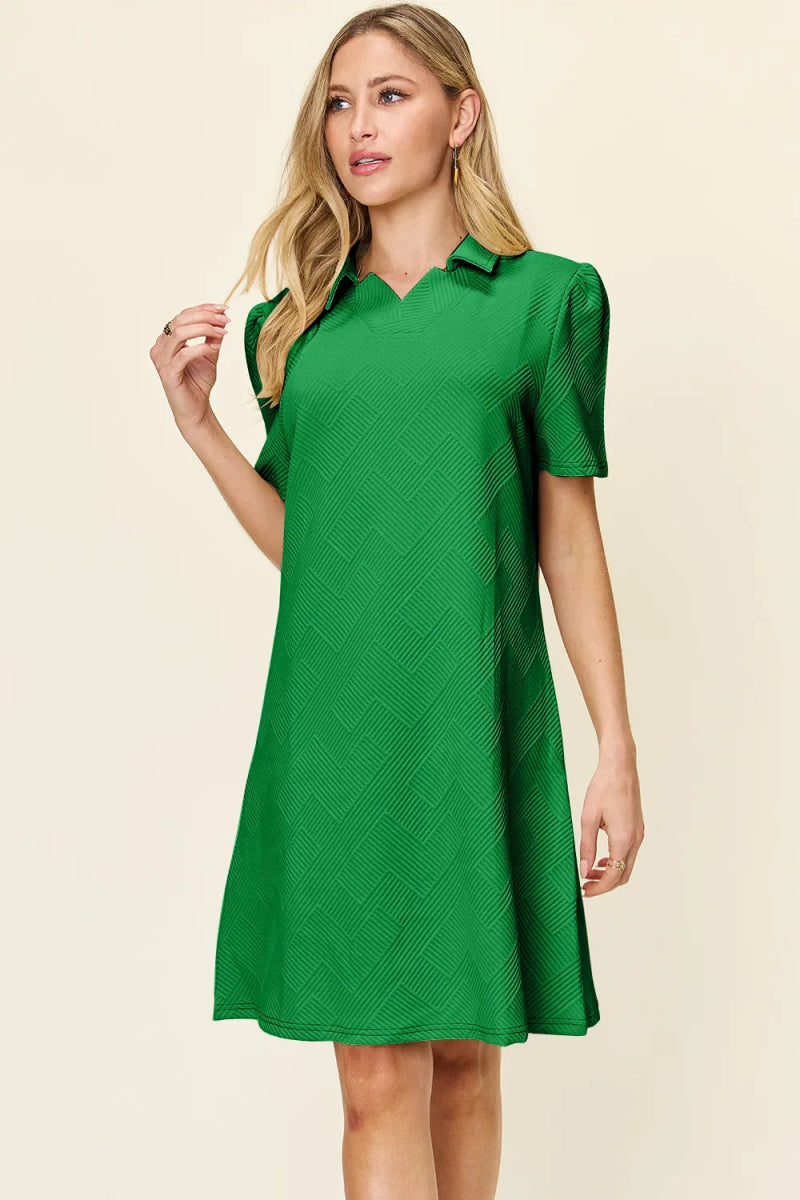 Double Take Full Size Texture Collared Neck Short Sleeve Dress - Hopeford Streams