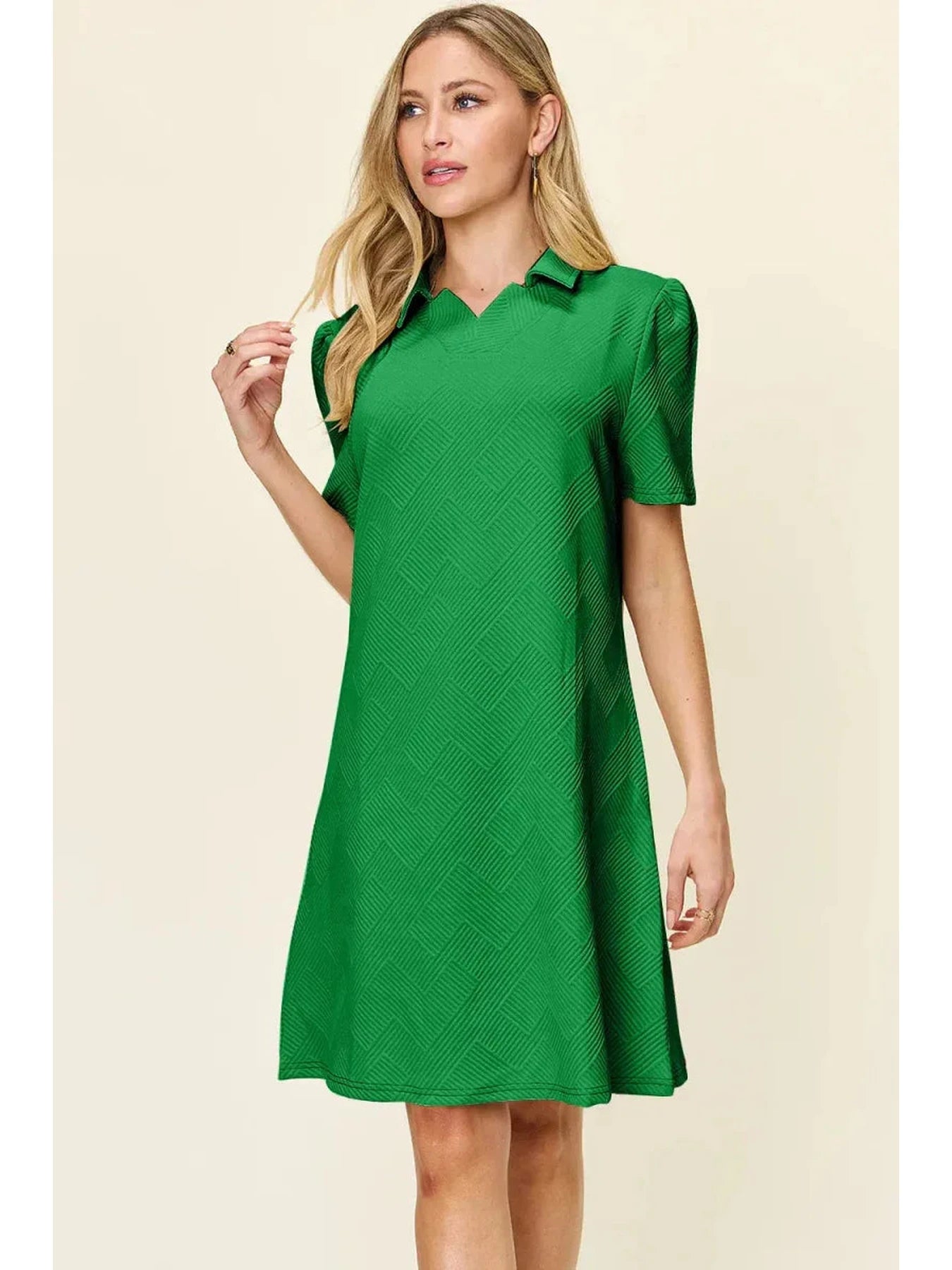 Double Take Full Size Texture Collared Neck Short Sleeve Dress -- 