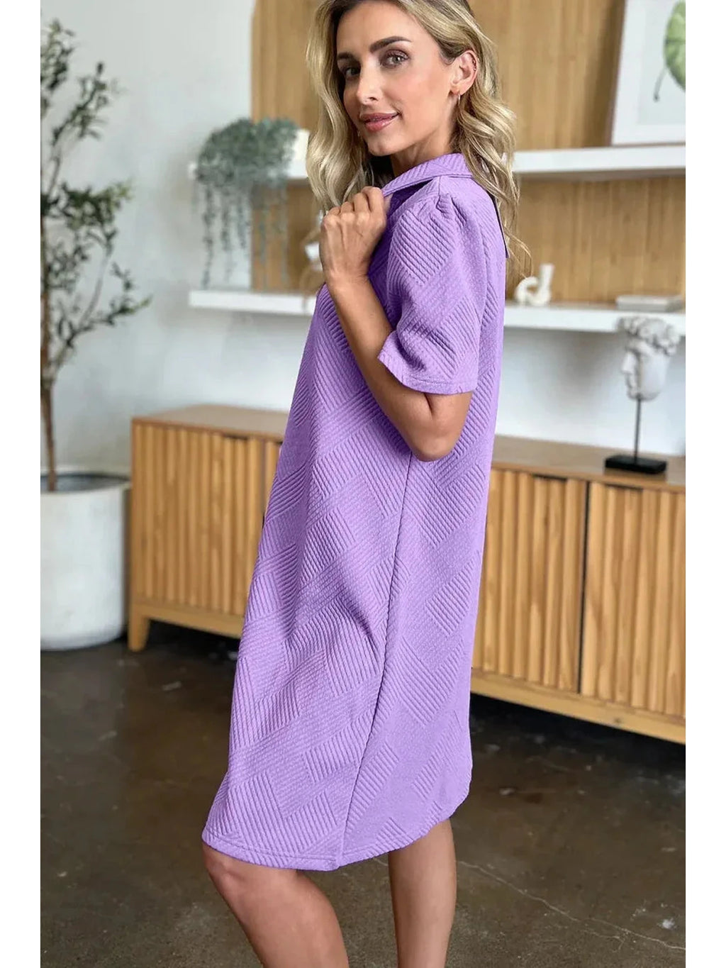 Double Take Full Size Texture Collared Neck Short Sleeve Dress -- 