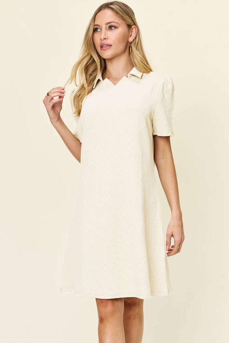 Double Take Full Size Texture Collared Neck Short Sleeve Dress - Hopeford Streams