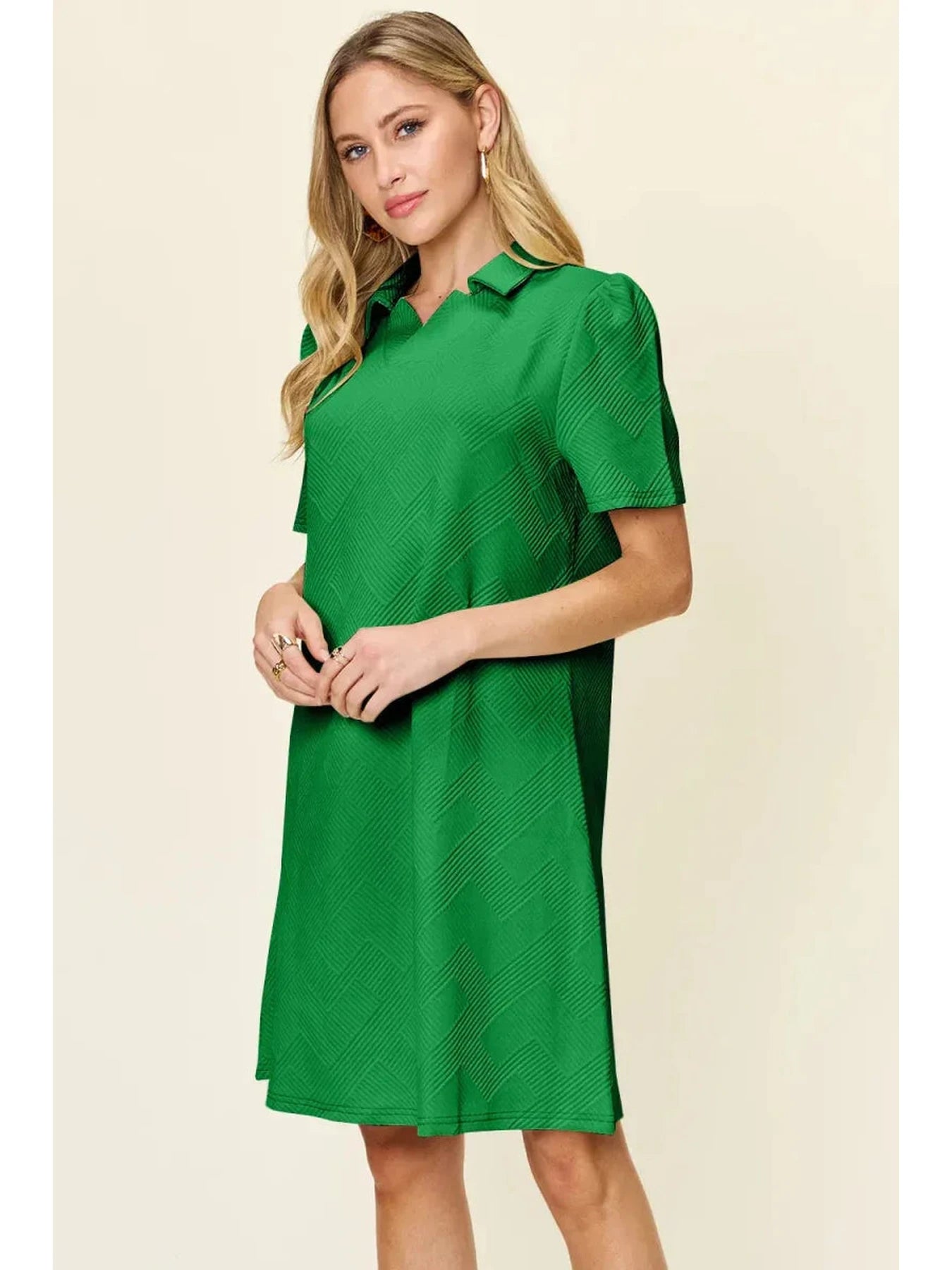 Double Take Full Size Texture Collared Neck Short Sleeve Dress -- 